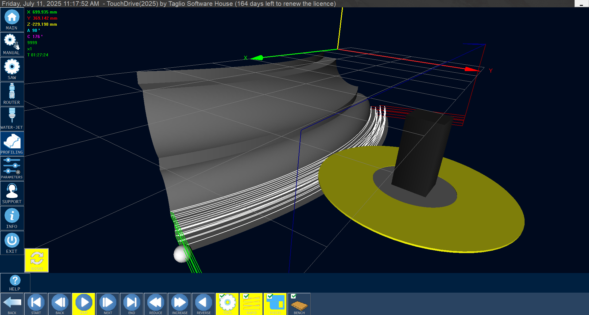 Touch Drive stone CNtMatch 3D slab table view — marble countertop vein matching TaglioC 3D profiling with circular toolpath simulation