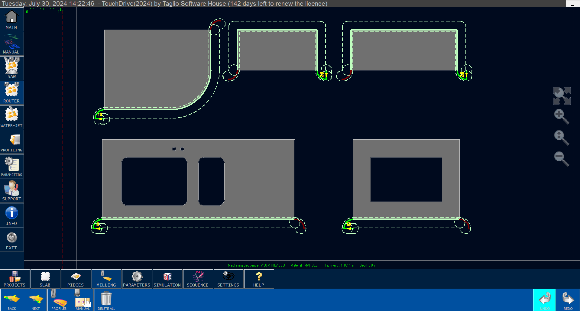 Touch Drive CAD/CAM 2D stone CNC software — cutting path layout view