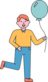 Person smiling, holding a blue balloon. Wearing yellow sweater, blue pants, and pink shoes.