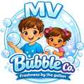 MV Bubble Co. logo with smiling boy and girl in blue bubbles, &ldquo;Freshness by the gallon&rdquo; tagline