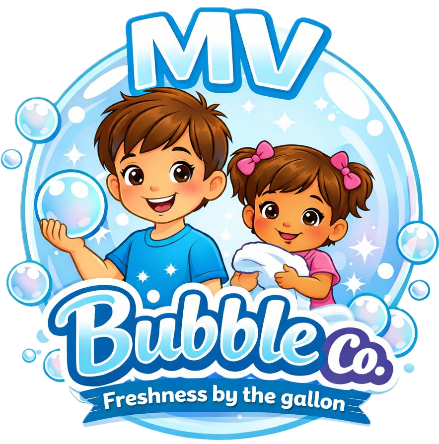 MV Bubble Co. logo with smiling boy and girl in blue bubbles, &ldquo;Freshness by the gallon&rdquo; tagline
