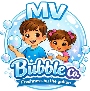 MV Bubble Co. logo with smiling boy and girl in blue bubbles, &ldquo;Freshness by the gallon&rdquo; tagline