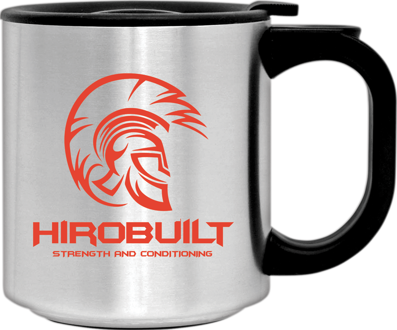 A silver travel mug with a black handle and lid, featuring a red Spartan helmet logo and the text
