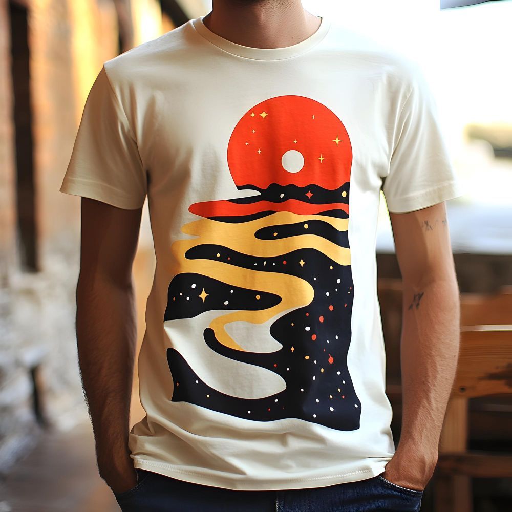 A person wears an off-white t-shirt featuring a graphic print of a red sun setting over abstract, flowing landscape layers.