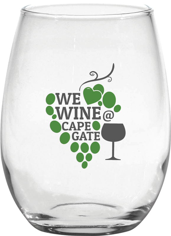 A stemless wine glass featuring a green grape cluster graphic with text