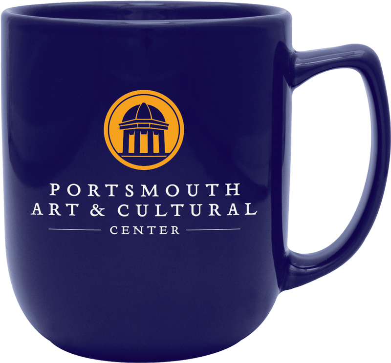 A dark blue ceramic mug featuring the gold and white Portsmouth Art & Cultural Center logo on the front.