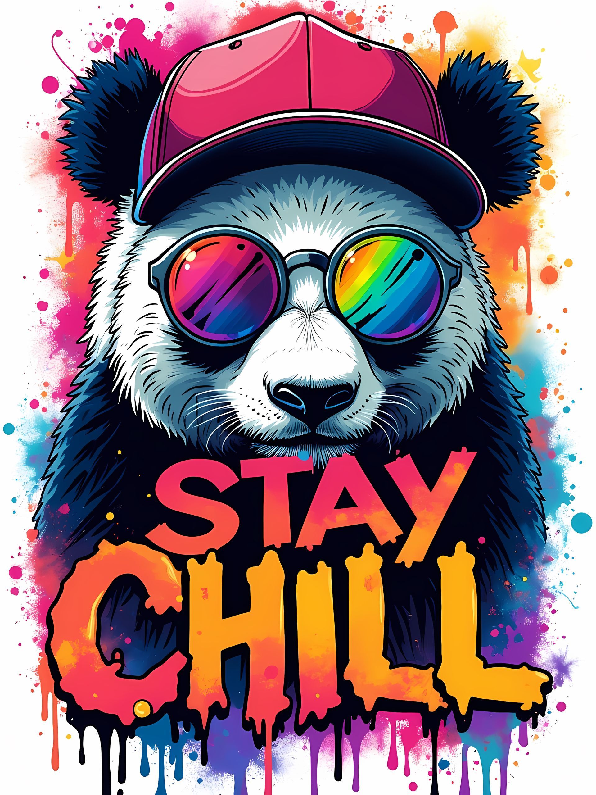A panda wearing a pink baseball cap and rainbow-tinted sunglasses, with 
