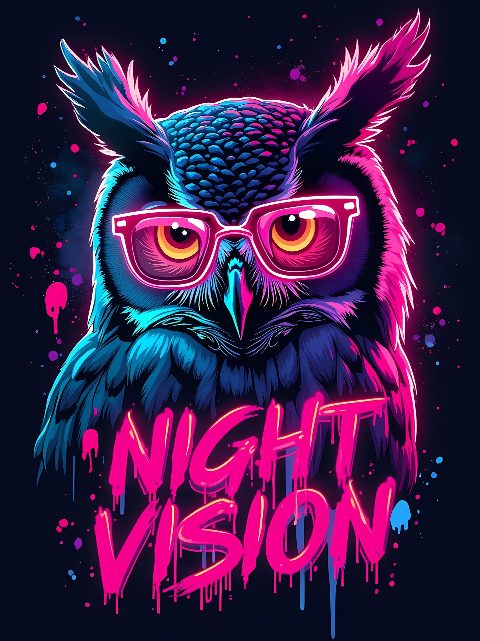 DTF (Direct To Film) Printed owl wearing glasses, with “NIGHT VISION” text against a dark backdrop.
