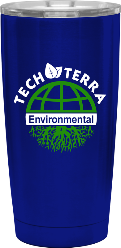 A blue metal tumbler featuring a green globe and tree root logo with the text