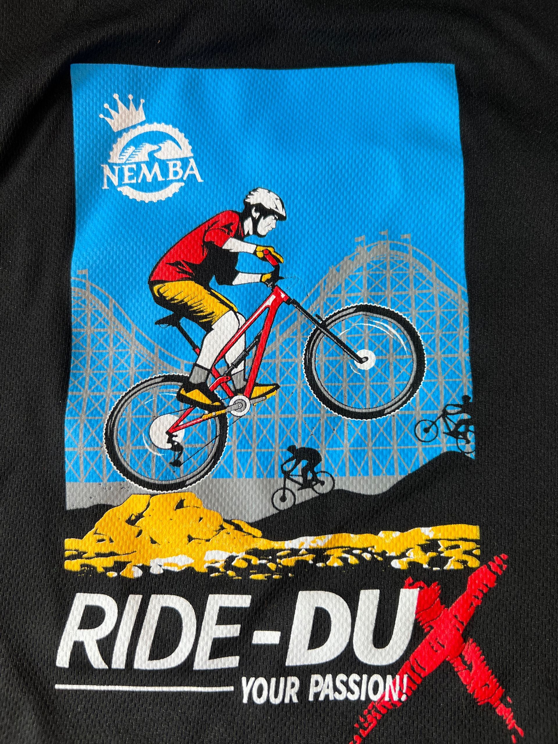 custom silk screened mountain biker jumping a dirt mound, NEMBA logo, 