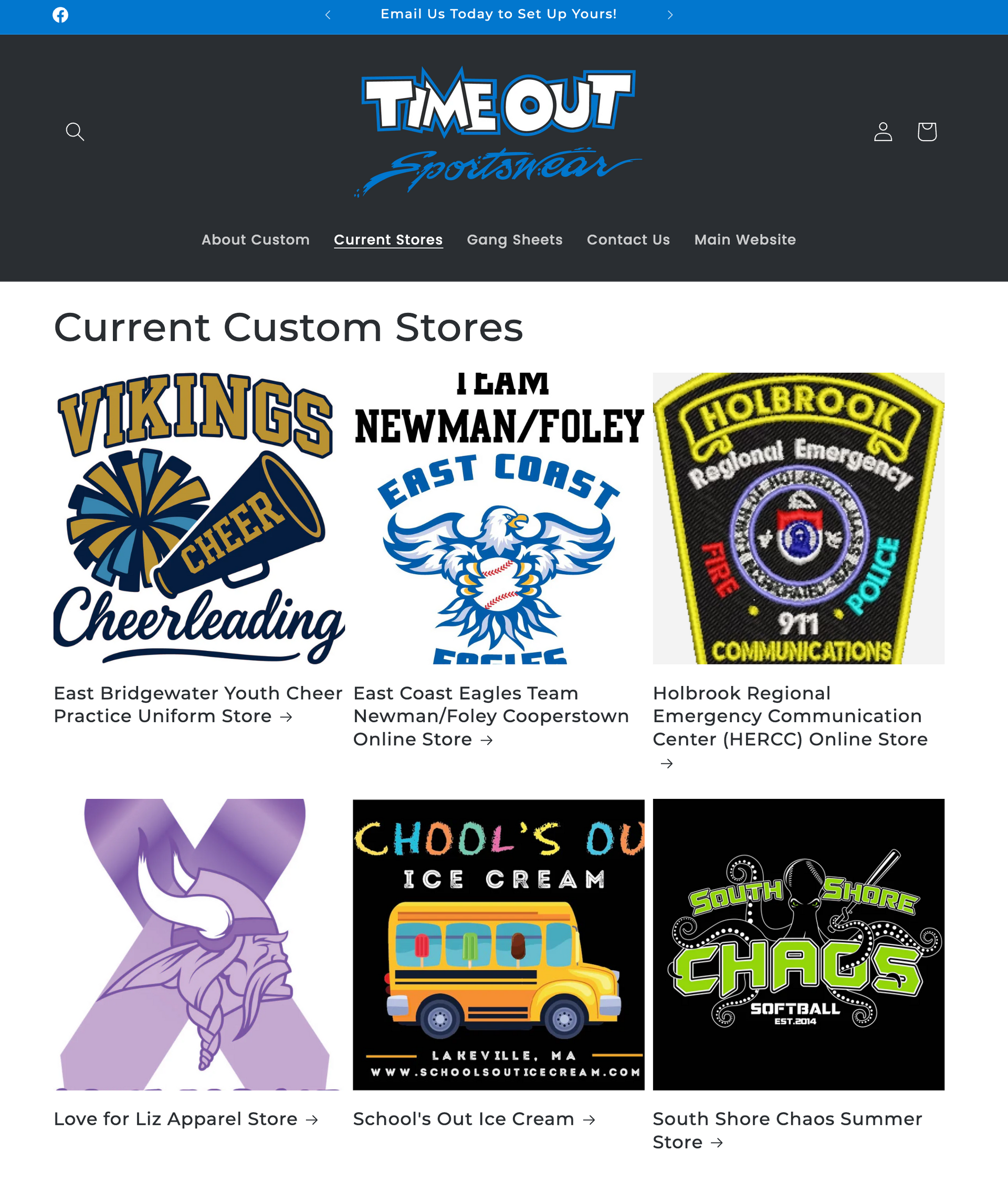 Time Out Sportswear website showing a grid of links to custom apparel stores for local organizations and teams.