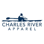 The Charles River Apparel logo features a dark blue silhouette of a person rowing a boat, with the company name below.