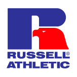 The Russell Athletic logo featuring a stylized blue letter R with a red eagle silhouette, followed by the brand name.