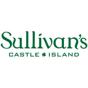 The green logo for Sullivan’s Castle Island featuring a shamrock icon between the words “Castle” and “Island.”