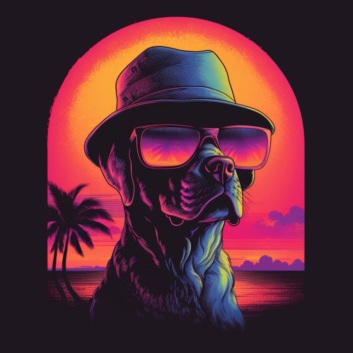 A stylish dog in a fedora and sunglasses against a retro-synthwave sunset with palm trees and a beach horizon.
