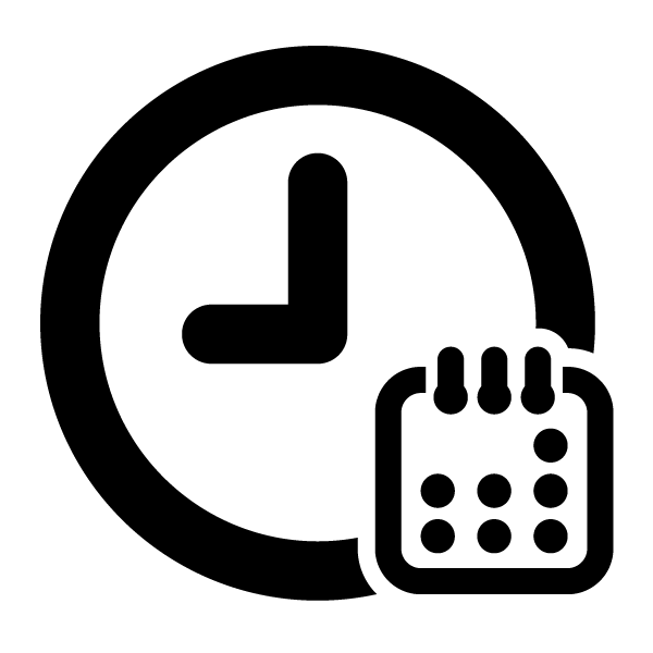 A black icon showing a clock face superimposed with a calendar page.