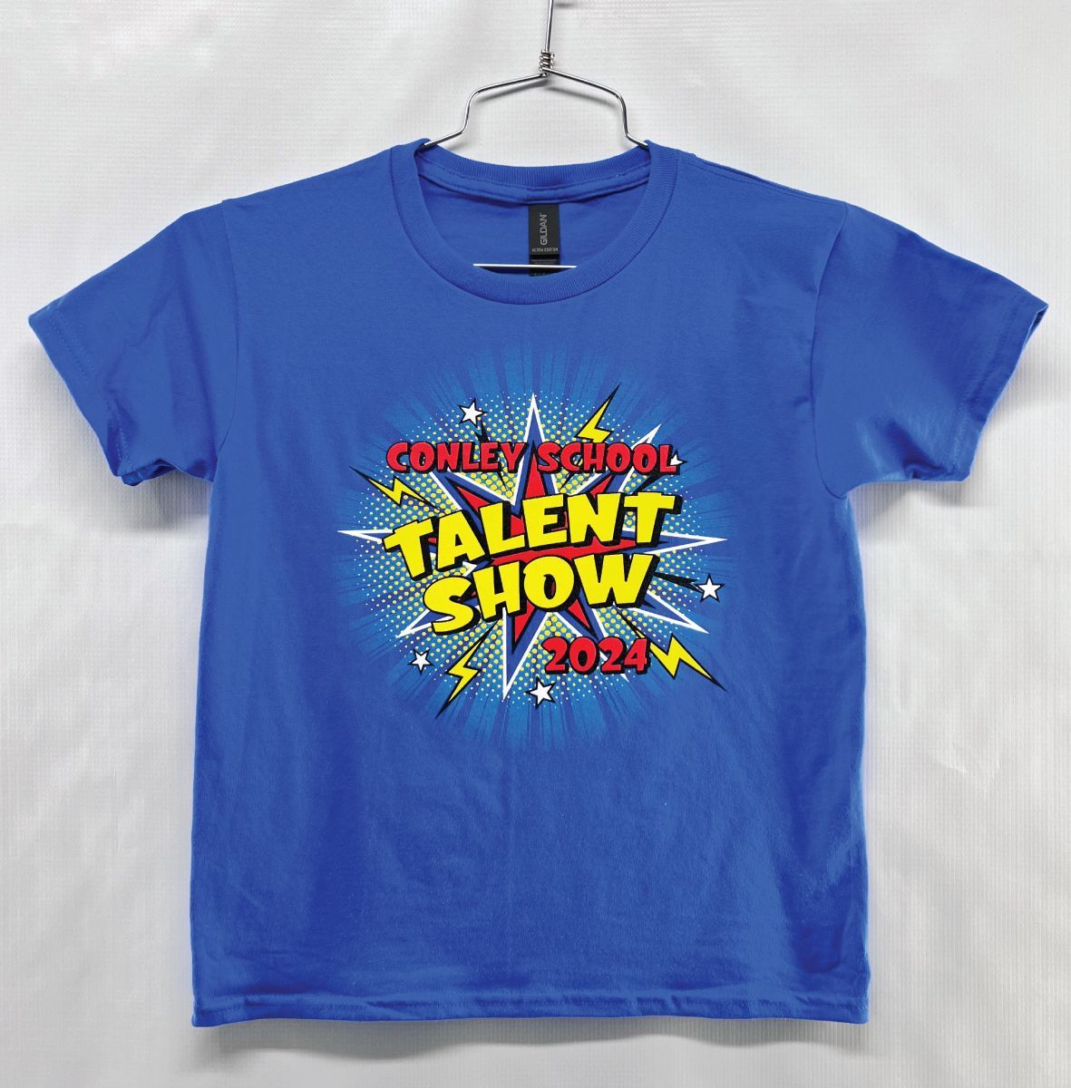 Blue T-shirt with a colorful custom silk screened 
