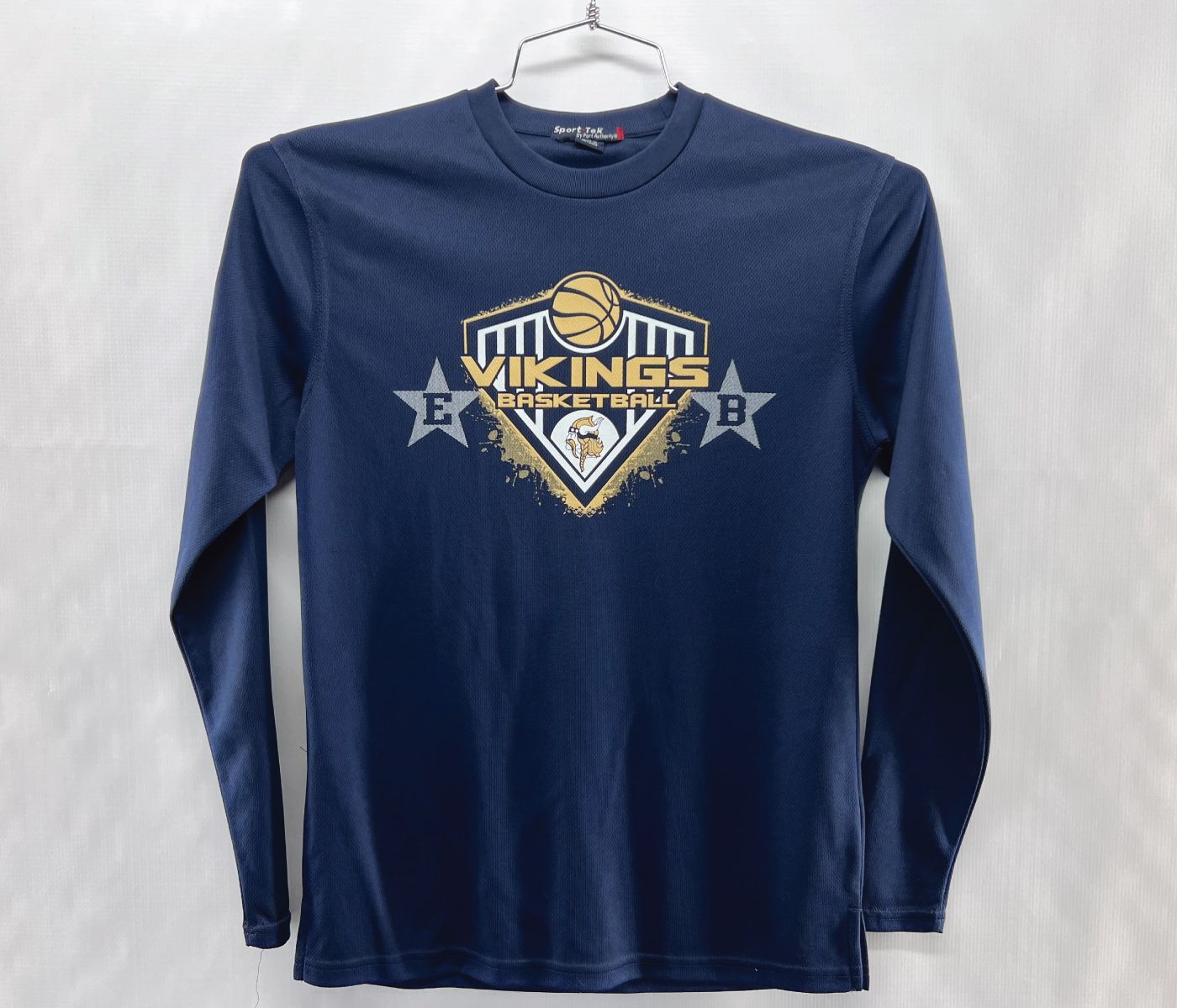 Navy long-sleeve shirt with custom silk screened 