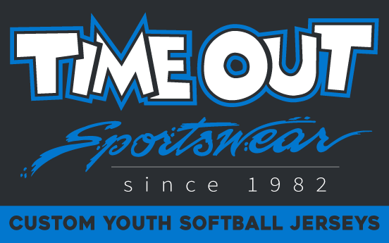 Logo for Time Out Sportswear, established in 1982, specializing in custom youth softball jerseys.