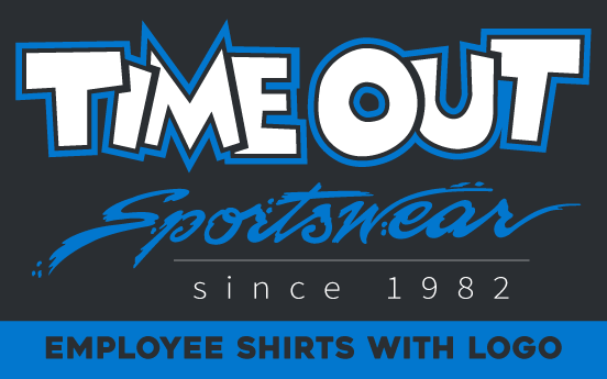 A logo for Time Out Sportswear, established in 1982, featuring bold lettering and text about employee shirts.