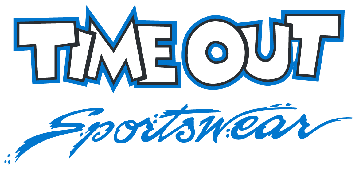 Logo for Time Out Sportswear with white block lettering outlined in blue above the word Sportswear in blue cursive.