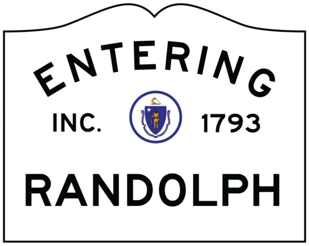 A white town boundary sign for Randolph, Massachusetts, featuring the state seal and