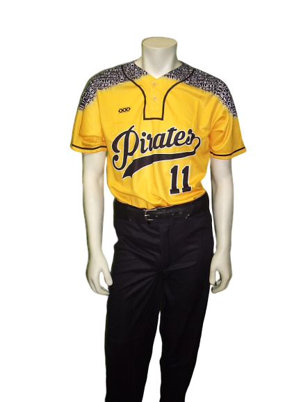 Yellow and black Pirates baseball custom team uniform on a mannequin.