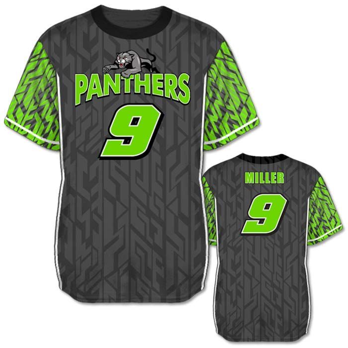 Custom baseball team jersey, gray with green accents.