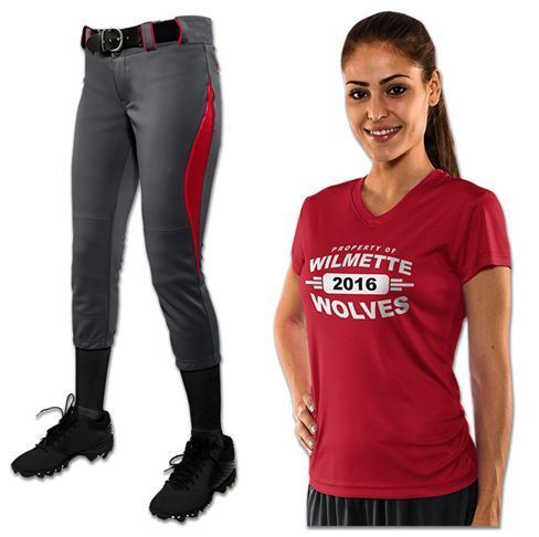 Custom softball team uniform: grey pants with red stripe, red