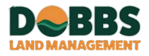 Logo for Dobbs Land Management featuring dark green text with an orange sun and green hills in the letter O.