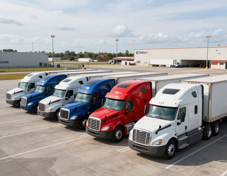 Lineup of blue, red, and white semi trucks parked in a large lot near a warehouse