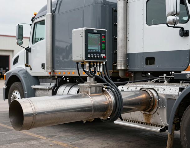 White semi-truck with side-mounted exhaust system and control unit on a roadside lot