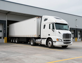 White semi-truck parked at a loading dock outside a warehouse