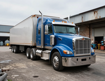 Blue semi-truck with silver trailer parked at a warehouse loading dock