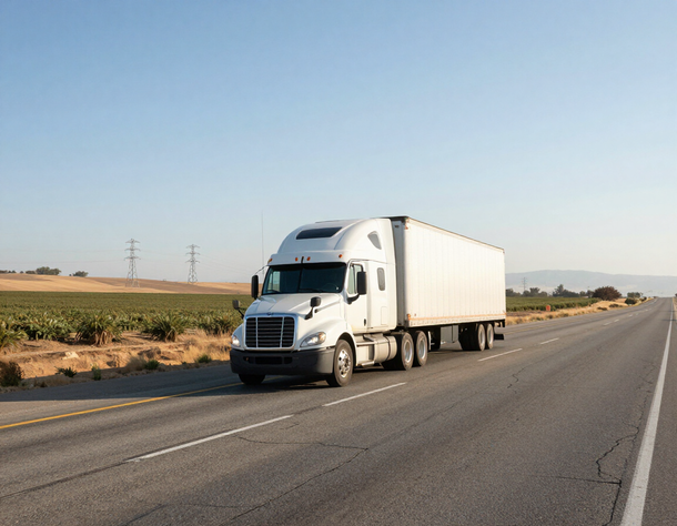 White semi-truck with trailer driving on a rural highway under a clear sky