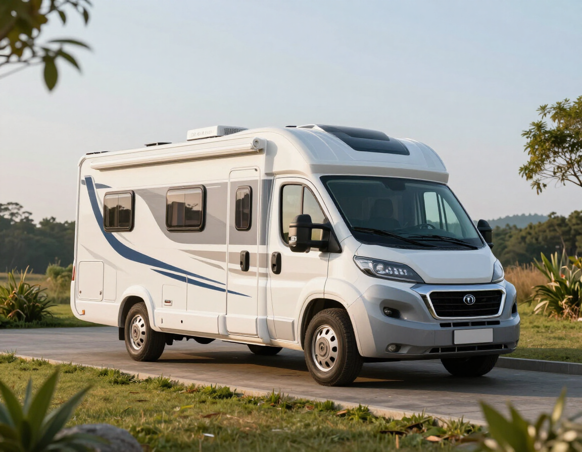 White camper van parked on a rural road beside greenery at sunset