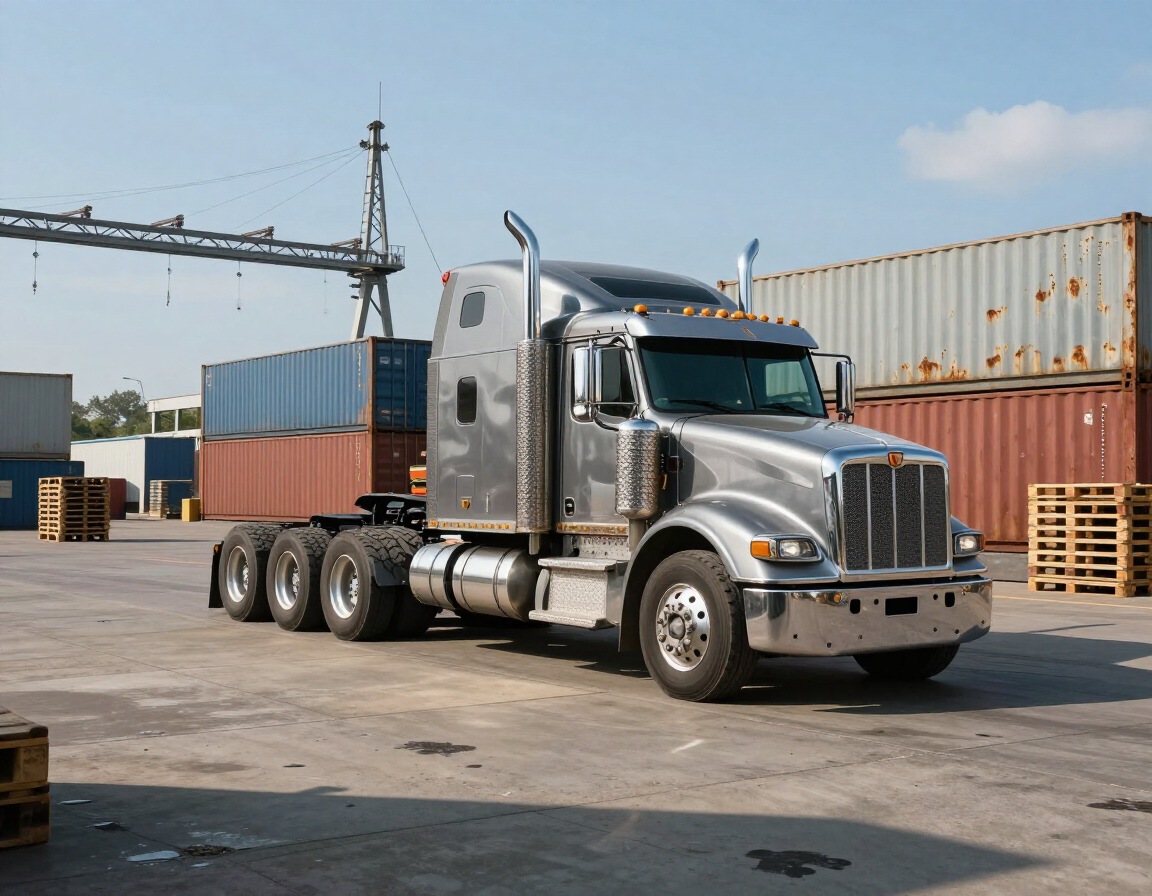 Silver semi-truck parked in a shipping yard with stacked cargo containers in the background