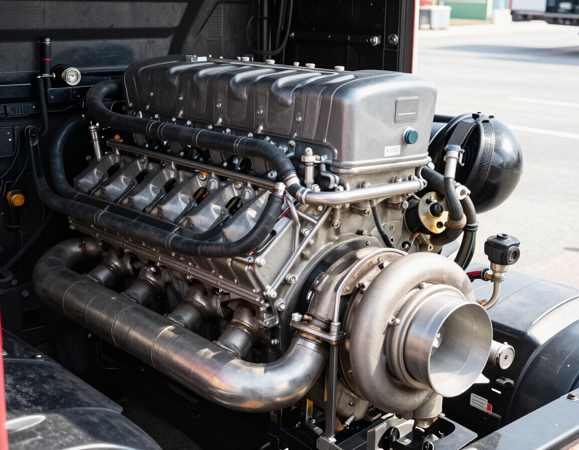 Chrome engine in a vehicle engine bay, with exposed exhaust pipes and turbocharger.