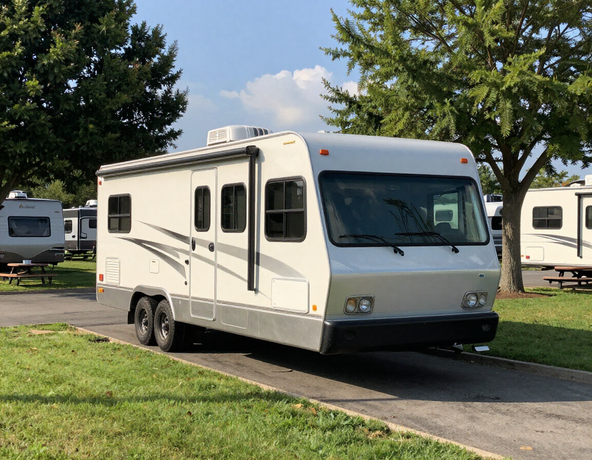 White RV parked on a grassy campsite beside trees and neighboring trailers.