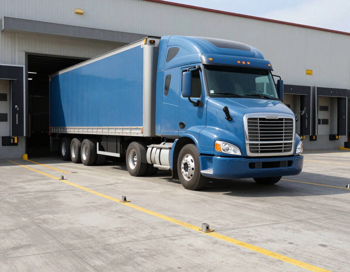 Blue semi-truck parked at a warehouse loading dock with trailer attached