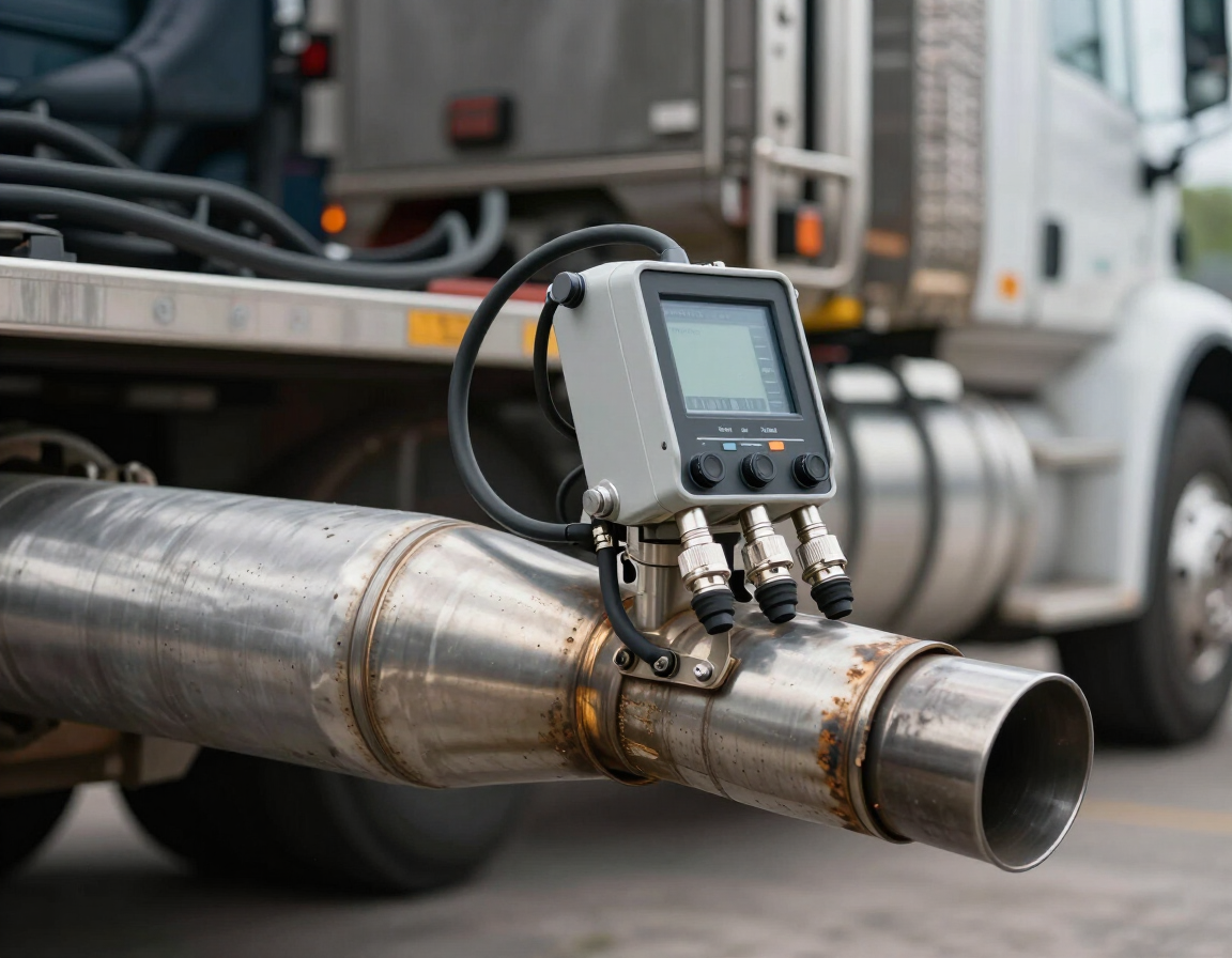 Pipeline inspection device attached to a metal pipe beside a truck outdoors