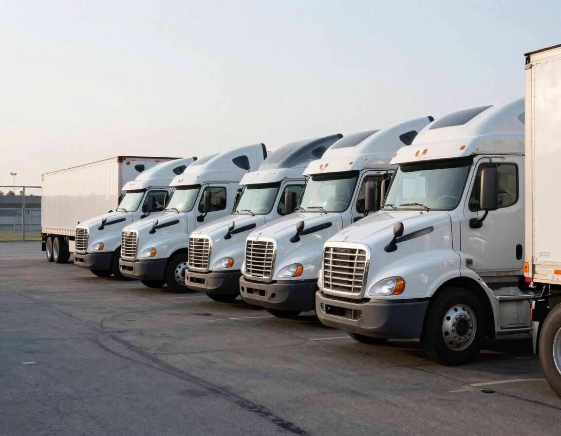 Row of white semi-trucks parked in a lot at dusk