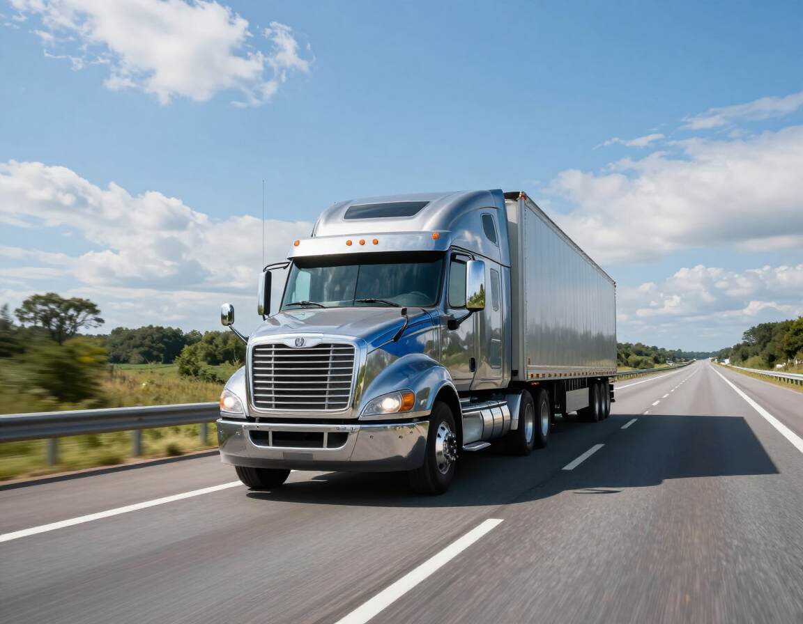 Silver semi-truck driving on a highway under a blue sky, hauling a white trailer