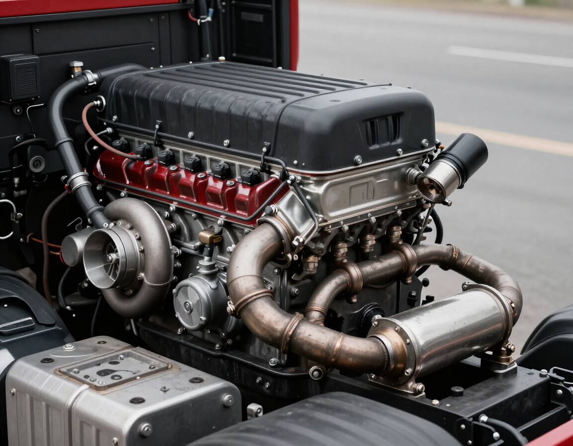 Exposed high-performance car engine with turbo piping in a vehicle chassis, black and red components