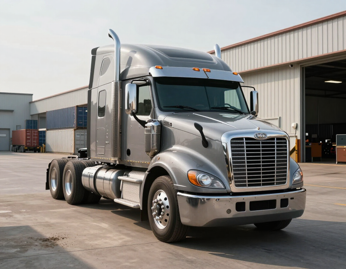 Silver semi truck parked outside a warehouse loading bay