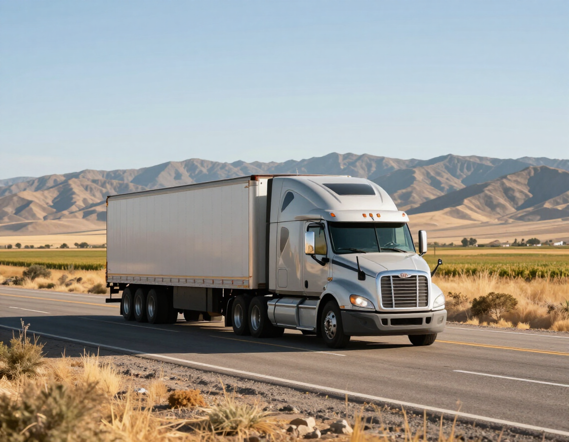 Silver semi-truck driving on a desert highway with mountains in the background