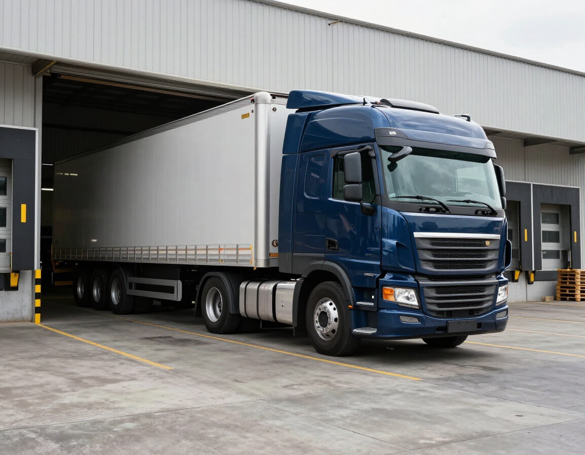 Blue semi-truck backed into a warehouse loading dock with trailer under an open bay door
