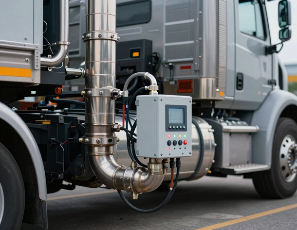 Industrial truck with stainless exhaust piping and a mounted control unit on the side.
