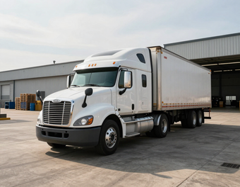 White semi-truck with a trailer parked outside a warehouse