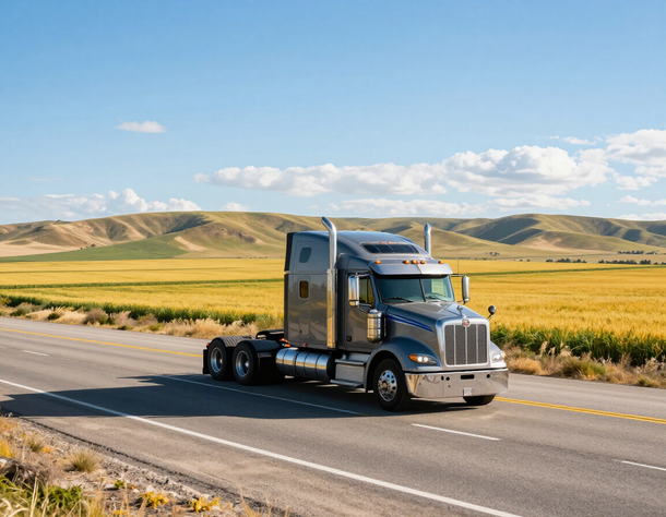 Silver semi-truck driving on a rural highway with golden fields and hills under a blue sky